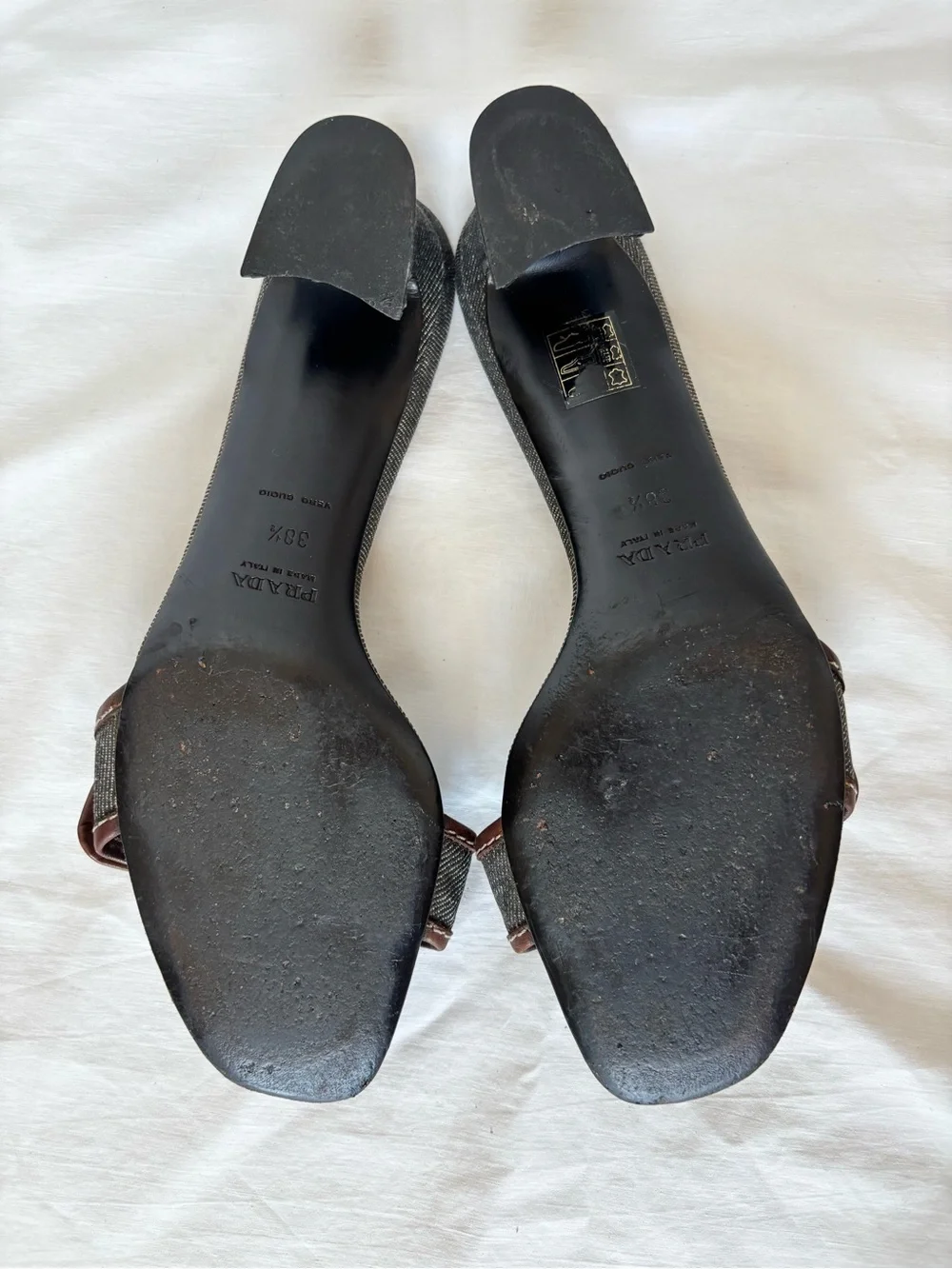 PRADA VINTAGE Silver Buckle Dark Blue Denim Leather Slide Sandals IT Size 38 1/2